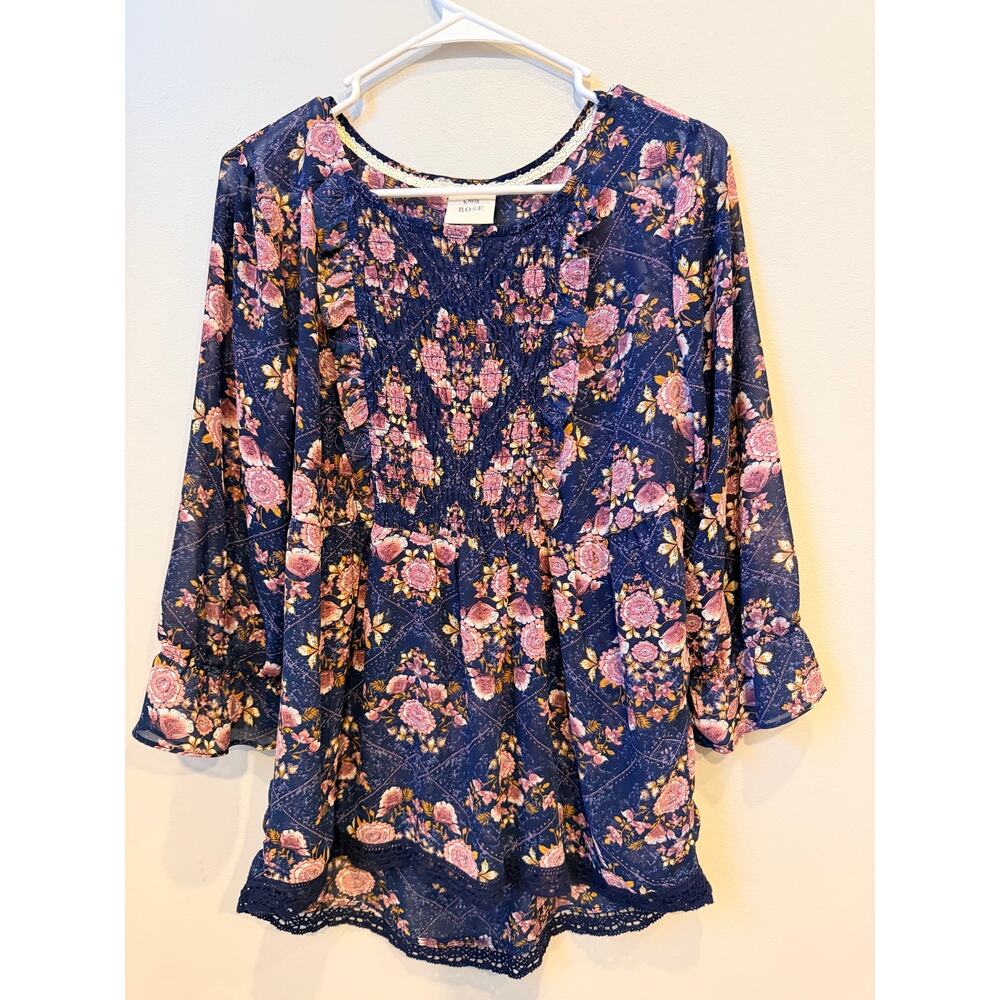 Knox Rose Boho Floral Smocked Blouse Navy Pink Lace Trim Tunic Top Size L